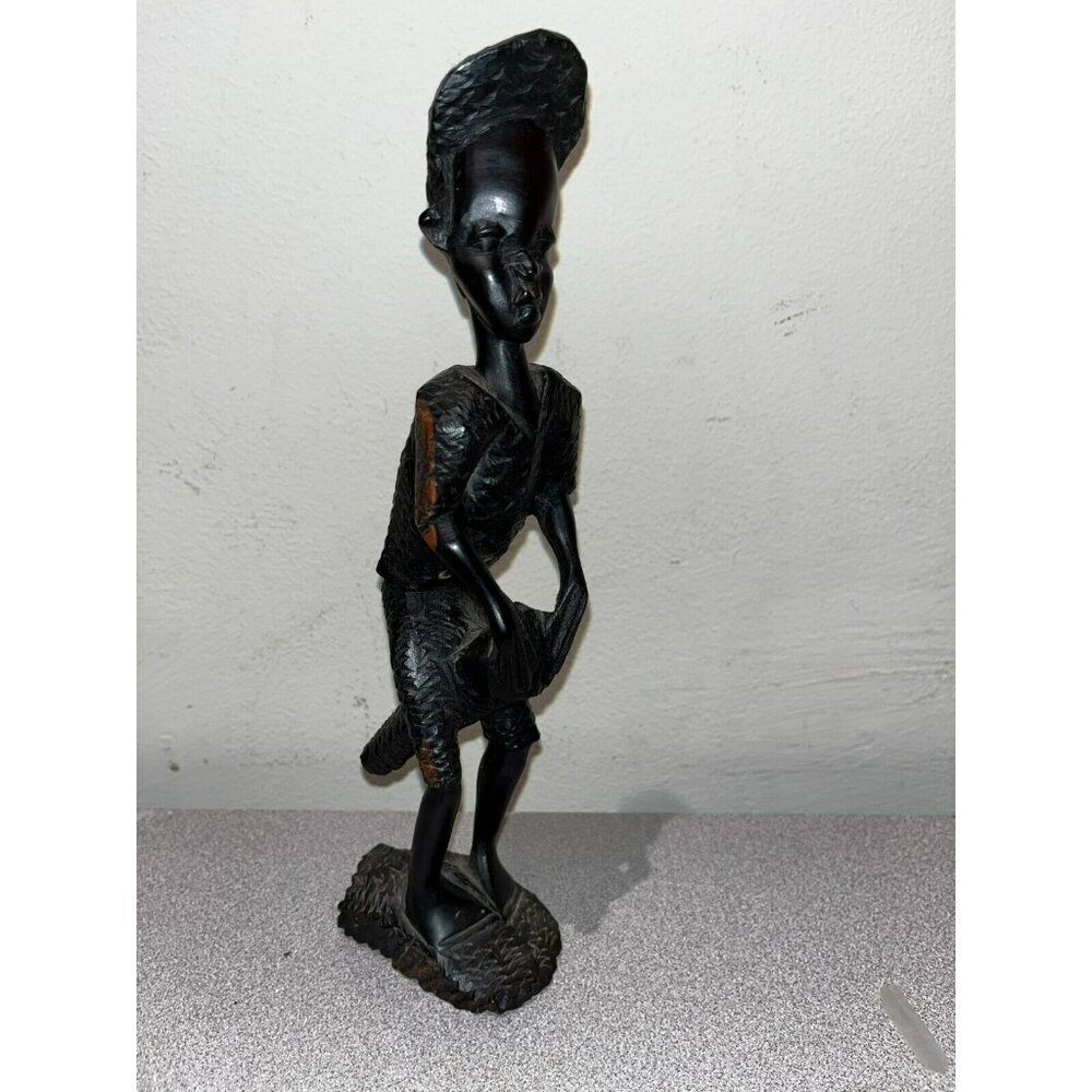Vintage Hand Carved African Tribal Wood Figurine Man with Drum 10” Tall